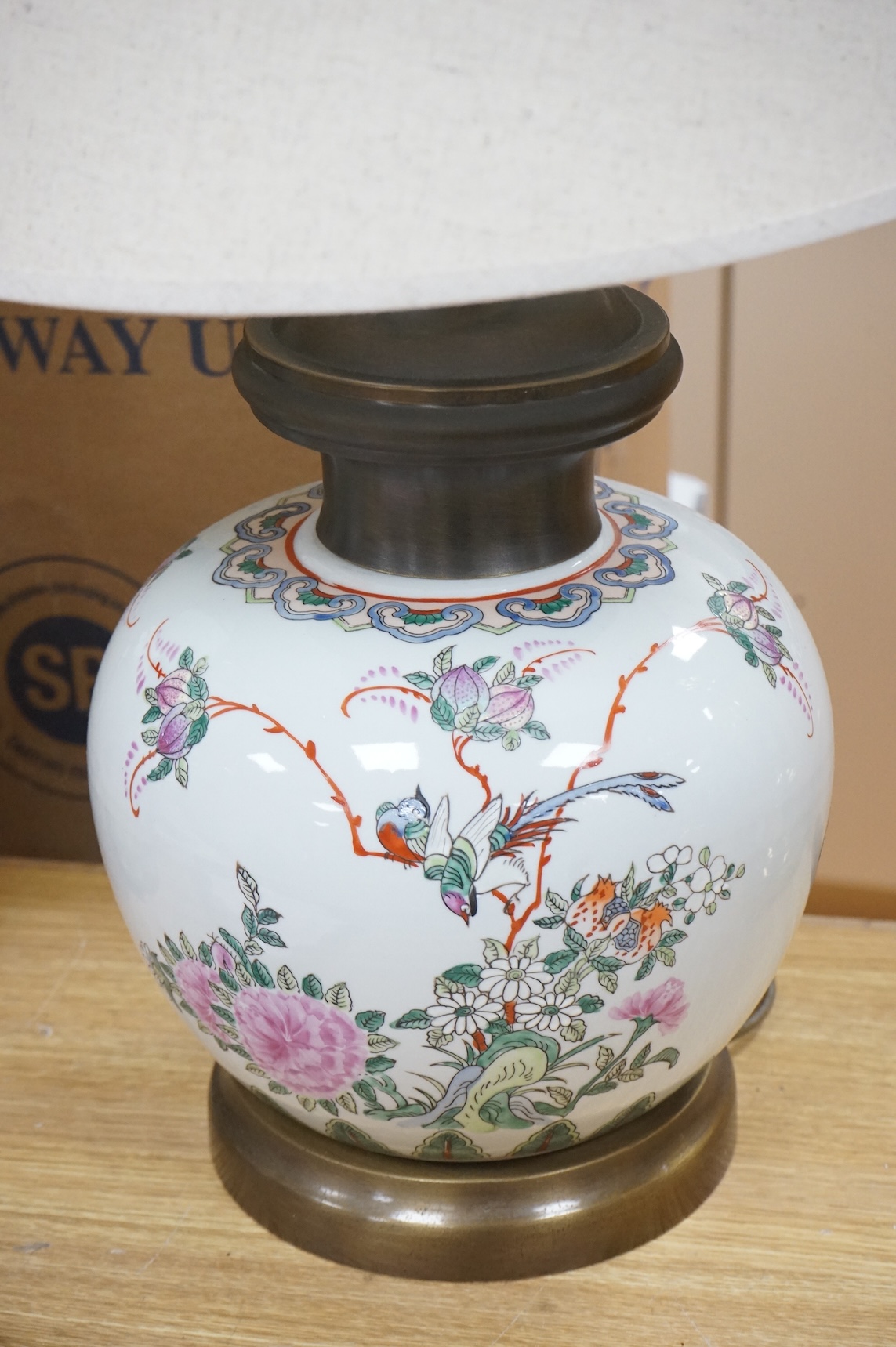 A pair of Chinese famille rose table lamps, with shades, 62cm total